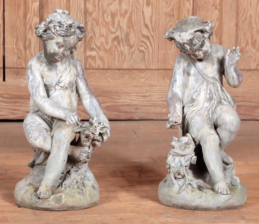 PAIR OF LEAD FEMALE CHERUBS PICKING FLOWERS (1 of 7)