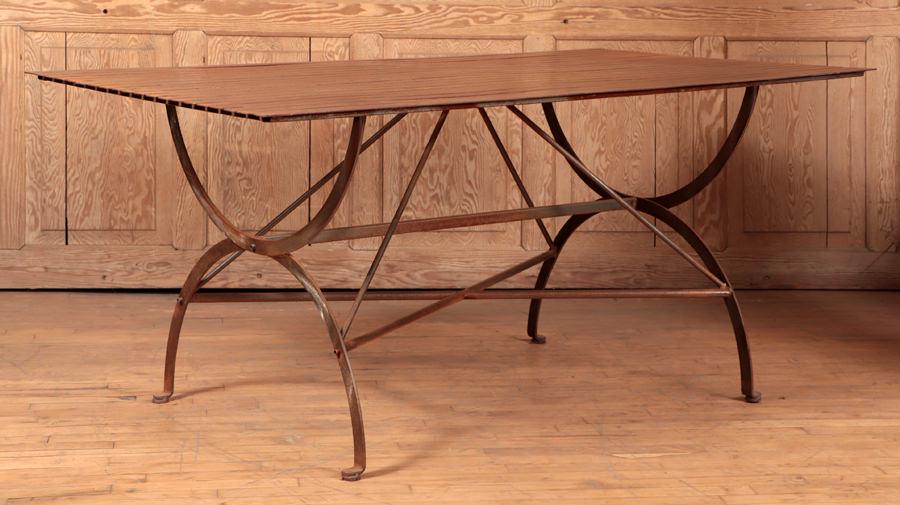 SLATTED STEEL POTTING TABLE: A slatted steel potting table. Ht: 28" Wd: 62" Dpth: 36"