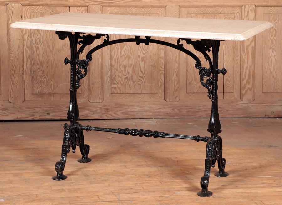 VICTORIAN STYLE CAST IRON TRAVERTINE BISTRO TABLE (1 of 5)