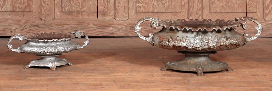 TWO OVAL FRENCH CAST IRON GARDEN URNS CIRCA 1920 (1 of 7)