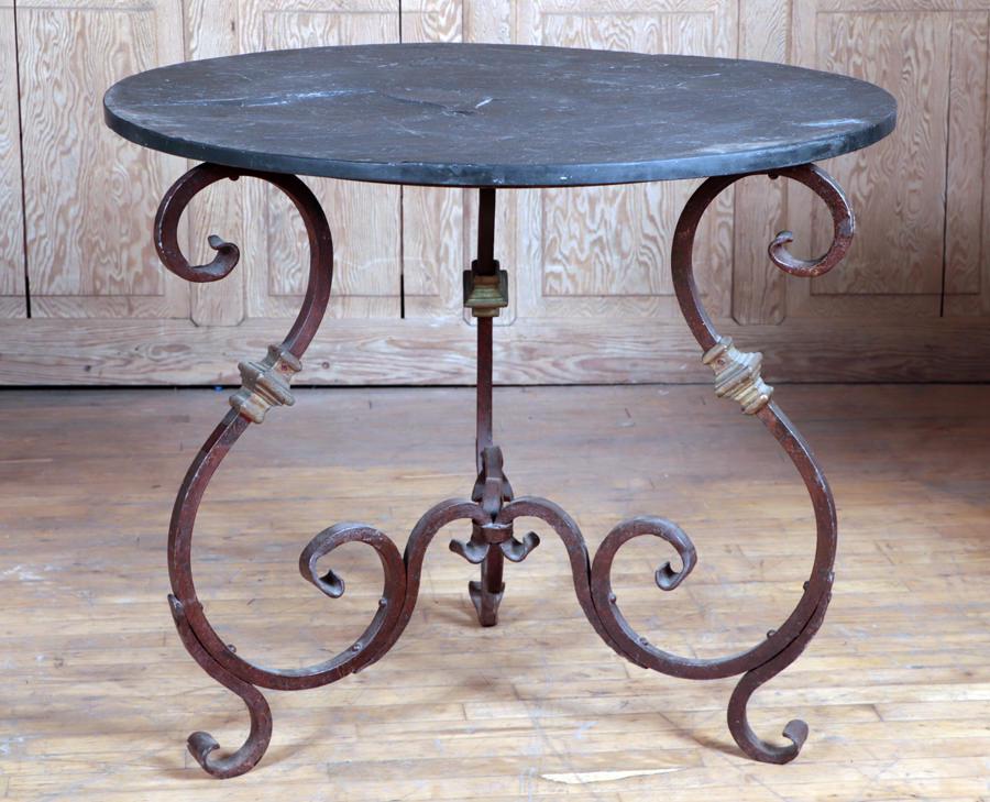 FRENCH IRON SCROLL FORM SLATE TOP GARDEN TABLE (1 of 5)
