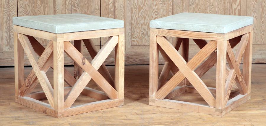 MODERN PAIR X-FORM PINE TABLE WITH CONCRETE TOPS (1 of 5)