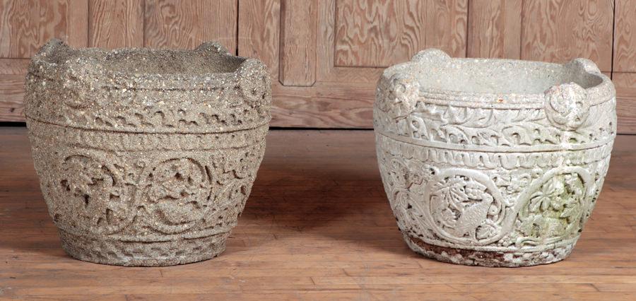 PAIR CAST STONE MOORISH STYLE GARDEN URNS: A pair of cast stone Moorish style garden urns. Ht: 15.75" Dia: 19.75"