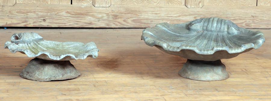 PAIR OF LEAD SHELL FORM BIRD BATHS (1 of 5)