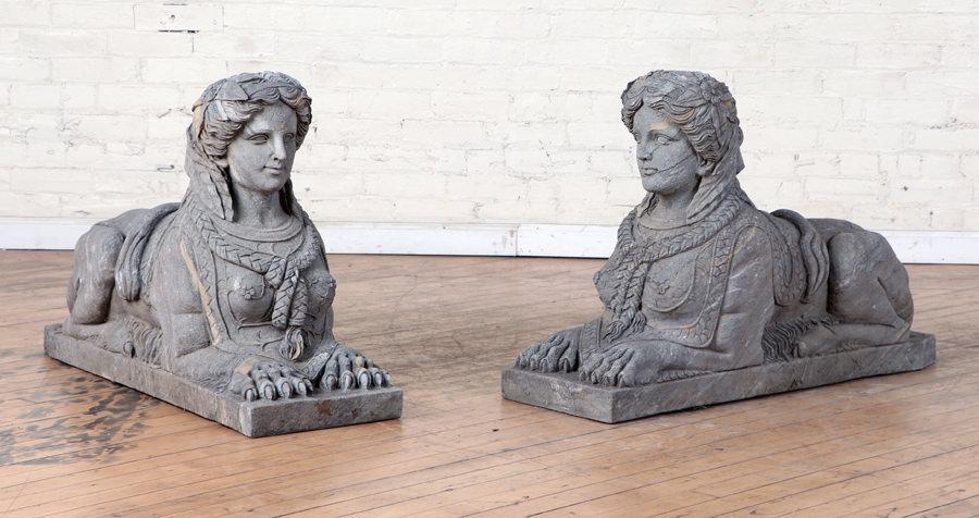 PAIR CARVED STONE SPHYNXES WITH FLOWER IN HAIR (1 of 9)