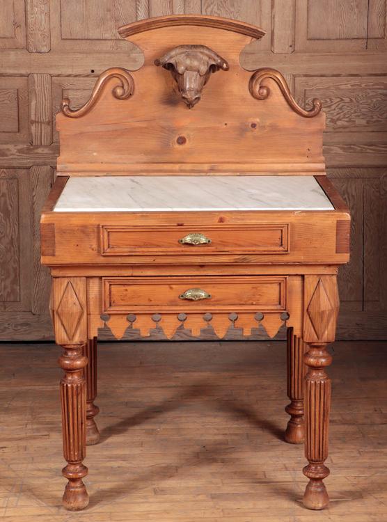 BUTCHER BLOCK TABLE MARBLE TOP TWO DRAWERS (1 of 6)