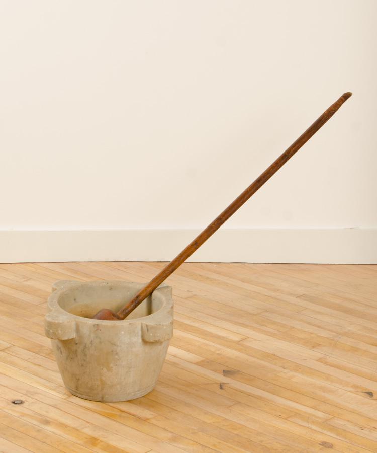 LARGE WOOD PESTLE AND A MARBLE MORTAR: A large wood pestle and a marble mortar. Ht: 10" Dia: 18.5"