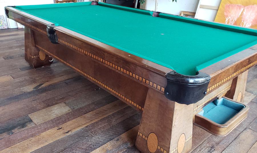 INLAID WALNUT BRUNSWICK POOL TABLE CIRCA 1930 (1 of 5)