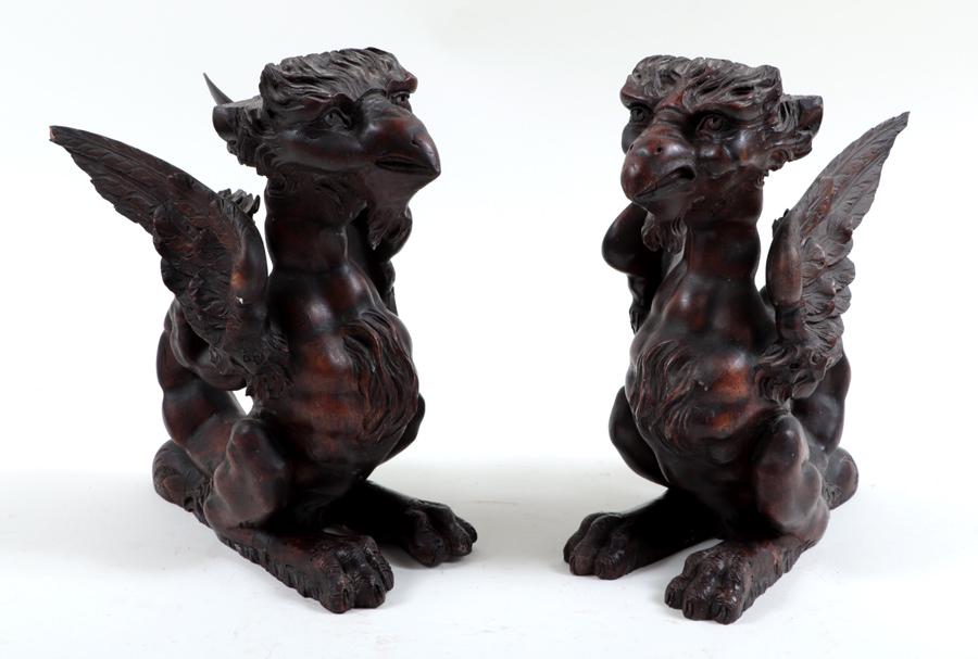 PAIR LATE 19TH C. CARVED WINGED GRIFFINS (1 of 7)
