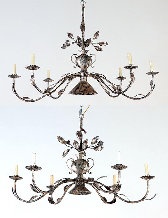 PAIR SILVERED IRON 6 ARM CHANDELIERS (1 of 7)