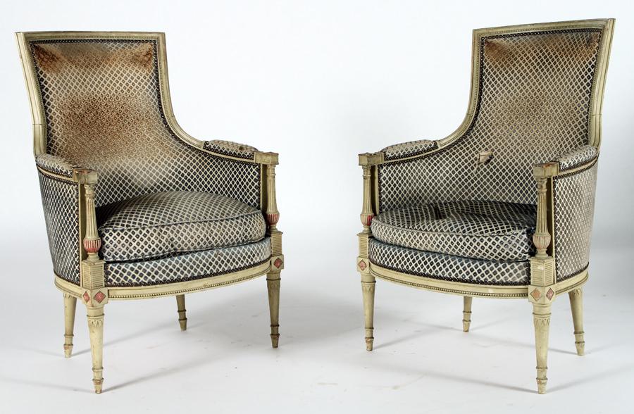 PAIR OF PAINTED DIRECTOIRE STYLE BERGERE CHAIRS (1 of 5)