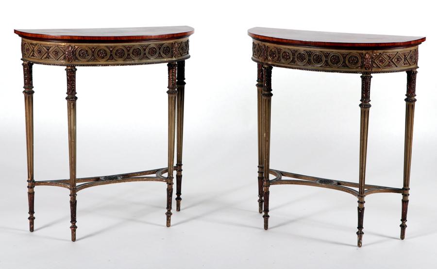 PAIR ADAM STYLE DEMILULNE CONSOLE TABLES C.1900: A pair of Adam style paint decorated demilune console tables circa 1900. Ht: 36" Wd: 32.25" Dpth: 13.25"