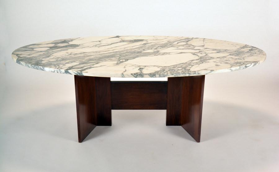 OVAL MARBLE TOP TABLE WOOD BASE C. 1950 (1 of 8)