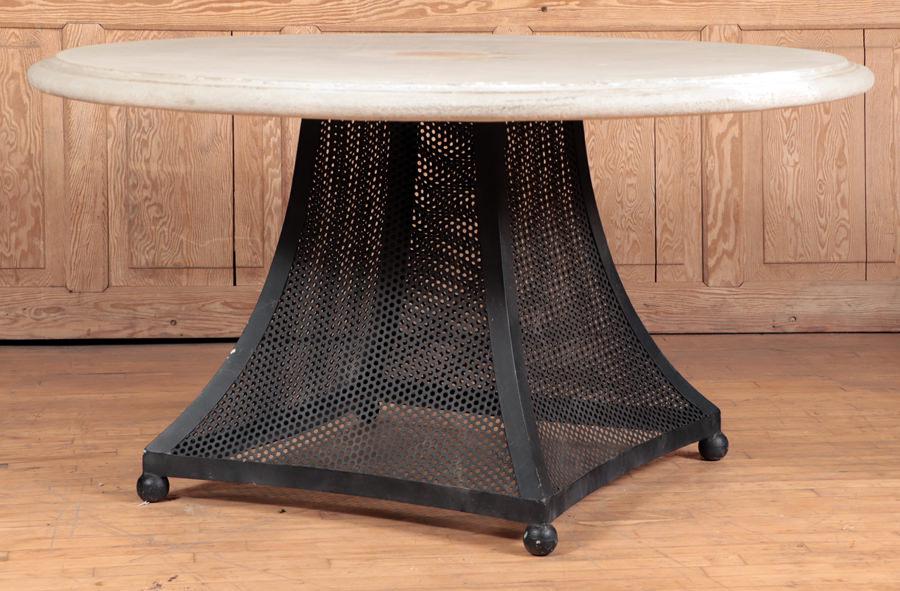 MODERNISTY STYLE SHEET IRON TABLE COMPOSITION TOP: A Modernist style sheet iron table with composition top. Ht: 30" Dia: 56"