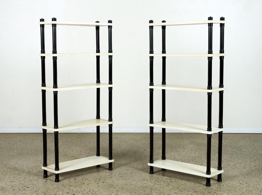 PAIR OF WOOD & PARCHMENT OPEN SHELVES: A pair of ebonized wood and parchment open shelves. Ht: 56" Wd: 25.5" Dpth: 9.5"