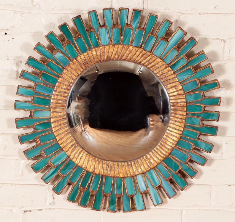 BLUE GLASS GILT MIRROR MANNER OF LINE VAUTRIN: A blue glass and gilt mirror in the manner of Line Vautrin. Dia: 22.25"