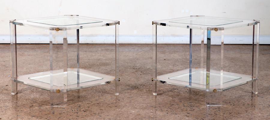 PAIR LUCITE & BRASS TABLES C. 1970 INSET GLASS (1 of 4)