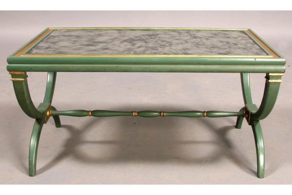 DAVID HICKS STYLE PAINTED MIRRORED COFFEE TABLE: David Hicks style painted coffee table with gilt highlights, inset smoked mirror top and X-form legs circa 1960. Ht: 16" Width: 31.5" Depth: 18" ***PLEASE NOTE: All property shall be paid for by the p