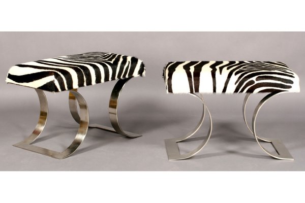 PR MODERN KARL SPRINGER STYLE CHROME LEG BENCHES: Pair of modern Karl Springer style benches with faux zebra leather upholstered seats and curved chrome legs. Ht: 18.5" Width: 28" Depth: 16" ***PLEASE NOTE: All property shall be paid for by the purch