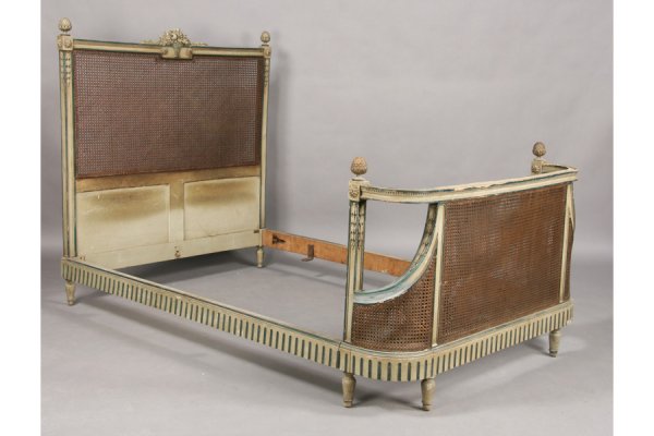 BONNEMAISON ANTIQUE FRENCH CANED BED: French Louis XVI carved and painted bed with caned head and foot boards, acorn finials and centered cartouche circa 1920. Labeled Albert Bonnemaison. Ht: 51" Width: 74" Depth: 48.5" ***PLEASE NOTE: Al