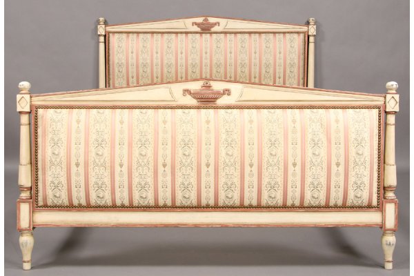 FRENCH DIRECTOIRE STYLE PAINTED CARVED BED: French Directoire style painted bed with carved urn decorated crest over upholstered panel flanked by turned columns circa 1930. Ht: 44" Width: 80" Depth: 88" ***PLEASE NOTE: All property shall be pai
