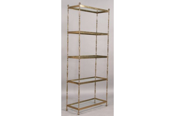 MID CENT BRASS GLASS 5 SHELVES ETEGERE: A decorative brass etegere with five glass shelves and turned corner posts circa 1960. Ht: 80" Width: 31.5" Depth: 14" ***PLEASE NOTE: All property shall be paid for by the purchaser within five (5) b