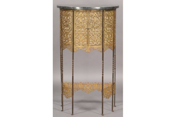 OSCAR BACK STYLE DEMILUNE CONSOLE MARBLE IRON: Oscar Bach style demilune console with marble top over a hand-hammered iron base with inset bronze openwork scroll decorated panels circa 1920. Ht: 30.75" Width: 24" Depth: 13.75" ***PLEASE NOTE: All 