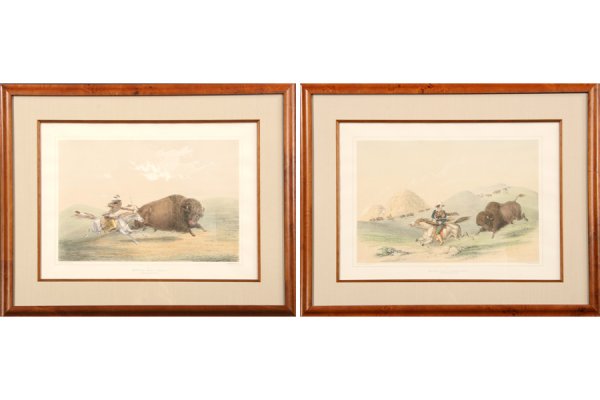 2 HANDCOLORED LITHOGRAPHS AMERICAN INDIANS LONDON: Two handcolored lithographs of American Indians after George Catlin, 1823, London. Ht: 16" Width: 22" ***PLEASE NOTE: All property shall be paid for by the purchaser within five (5) business days of t