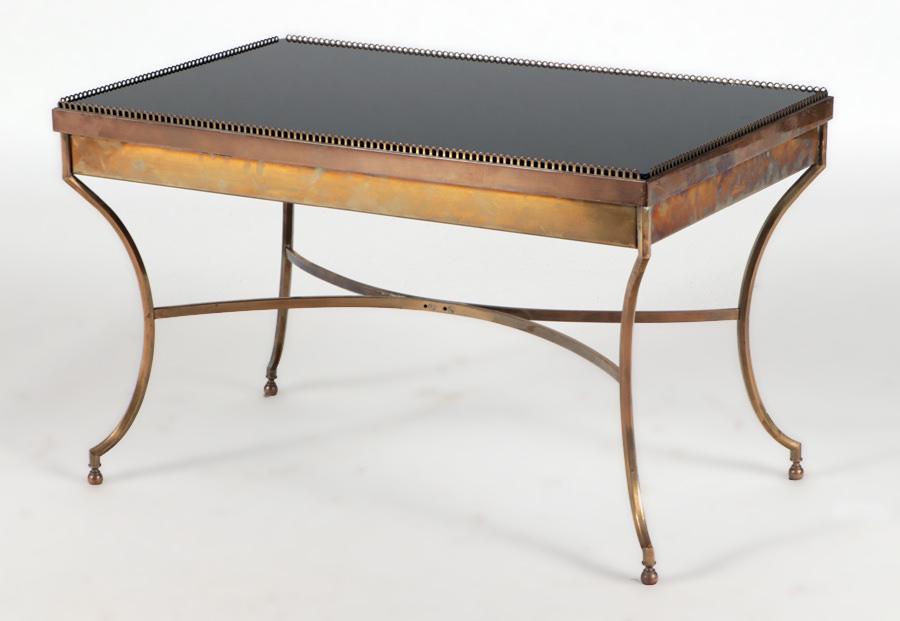 FRENCH BRASS OPALINE GLASS TOP COFFEE TABLE C.1940: A delicate French brass and opaline glass top occasional or coffee table circa 1940. Ht: 17.75" Wd: 29" Dpth: 18"