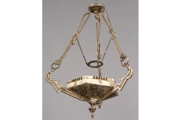 ART DECO NICKEL BRONZE HANGING SENSOR LIGHT: Art Deco nickel over bronze hanging sensor with stylized decoration circa 1930. Ht: 24" Width: 16" Depth: 16" ***PLEASE NOTE: All property shall be paid for by the purchaser within five (5) business d
