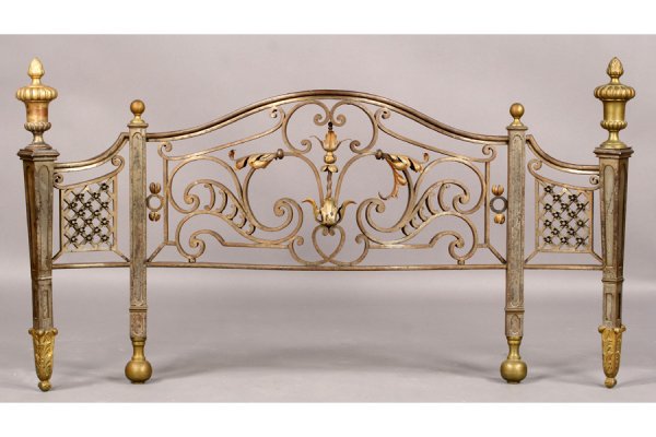 ANTIQUE FRENCH FIREPLACE FENDER: French Empire style fireplace fender having a serpentine front with scroll and leaf design flanked by diamond form grid work circa 1890. Ht: 27" Width: 50" ***PLEASE NOTE: All property shall be paid f
