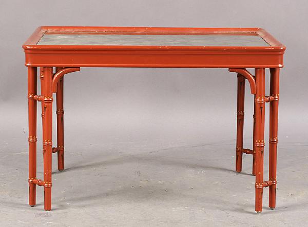 DAVID HICKS FAUX BAMBOO COFFEE TABLE MIRRORED TOP: A David Hicks style faux bamboo coffee table with gold fleck mirrored top over paint decorated base circa 1950. Ht: 19.5" Width: 30" Depth: 20.5"