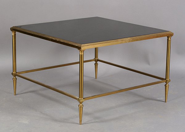 FRENCH BRONZE COFFEE TABLE BLACK GLASS TOP: French bronze coffee table having a black glass top circa 1940. Dimensions: Ht: 17.5" Width: 27.5" Depth: 27.5".