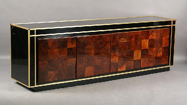 MODERN PIERRE CARDIN LACQUERED BRASS CREDENZA: A mid century modern Pierre Cardin style ebonized lacquered and brass credenza with burled walnut patchwork doors raised on platform circa 1970. Ht: 30.5" Width: 94.5" Depth: 20.5"