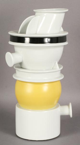ETTORE SOTTSASS SIGNED CERAMIC TOTEM MEMPHIS: Ettore Sottsass for Memphis ceramic totem signed E. Sottsass per Memphis with applied label 'Art.wm 205, made in Italy.' Ht: 16" Width: 8.5"