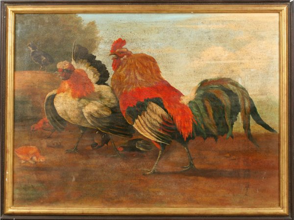 OIL PAINTING CANVAS BIRDS COCK HENS: Oil painting on canvas of cock and hens. Unsigned. Ht: 41" Width: 53"