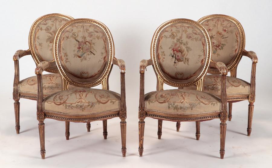 SET 4 FRENCH GILT WOOD LOUIS XVI STYLE ARM CHAIRS (1 of 7)