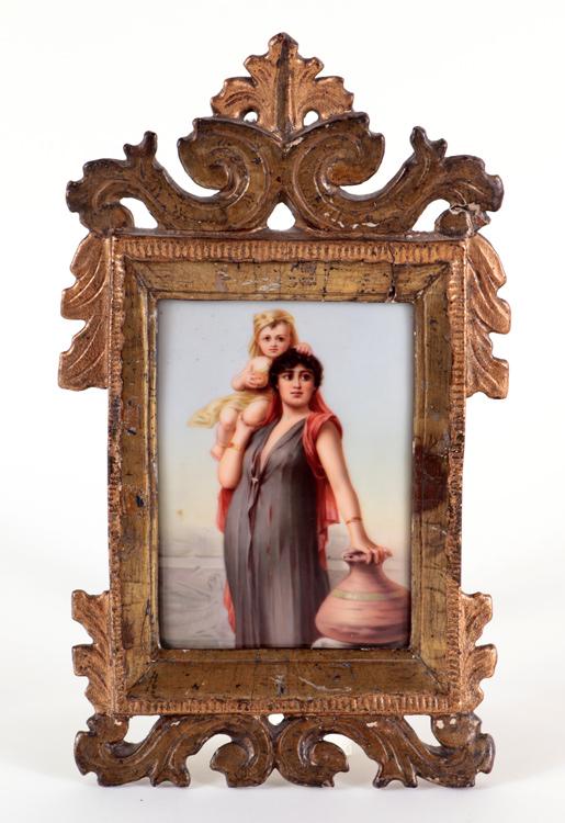 GERMAN PAINTING ON PORCELAIN PLAQUE WOMAN CHILD (1 of 6)