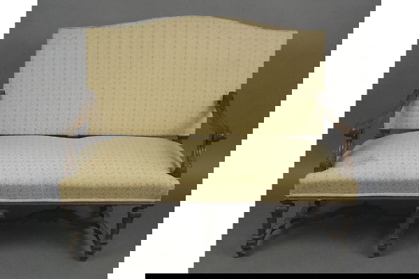 PR LOUIS XIV OAK SETTEES SOFA LOVESEATS: PAIR OF LOUIS XIV STYLE OAK OPEN ARM SETTEES C 1900. Having a stretcher base and acanthus carved arm rests H: 43" W: 54" D: 24" *Condition: Good - excellent original finish *Est. Sale Time: 12:21 PM E