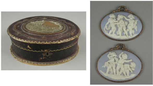 PAIR OF LARGE CONTINENTAL JASPERWARE CAMEOS I: PAIR OF LARGE CONTINENTAL JASPERWARE CAMEOS IN BRASS FRAMES. Putti at play 4.5" x 6.5". Along with an old French leather fabric lined jewelry box. *Condition: Good - needs cleaning