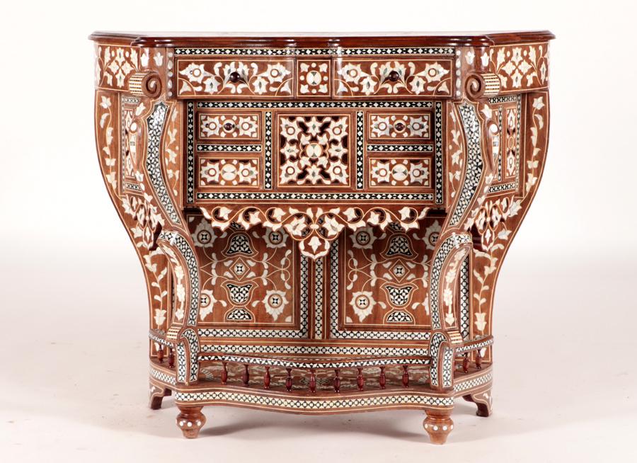 INLAID SYRIAN STYLE CONSOLE TABLE WITH DRAWERS: An inlaid Syrian style console table with drawers. Ht: 36.25" Wd: 45.5" Dpth: 17"