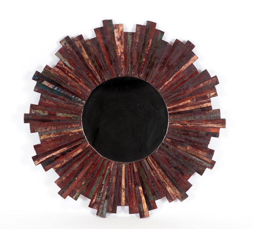 A PATCHWORK WOOD SUNBURST MIRROR (1 of 3)