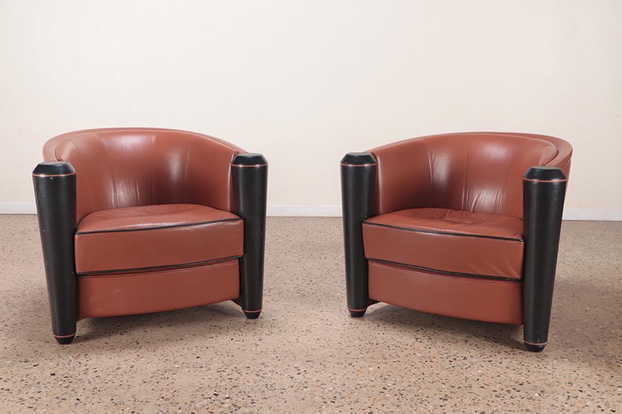 PART ART DECO STYLE LEATHER CHAIRS BY PACE: A pair or Art Deco style leather covered chairs by Pace. Ht: 31" Wd: 35" Dpth: 38" Seat: 19"