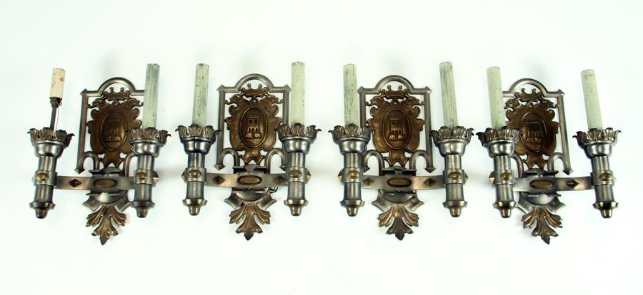 FOUR 19TH CENTURY BRONZE SCONCES CASTLE MOTIF (1 of 4)