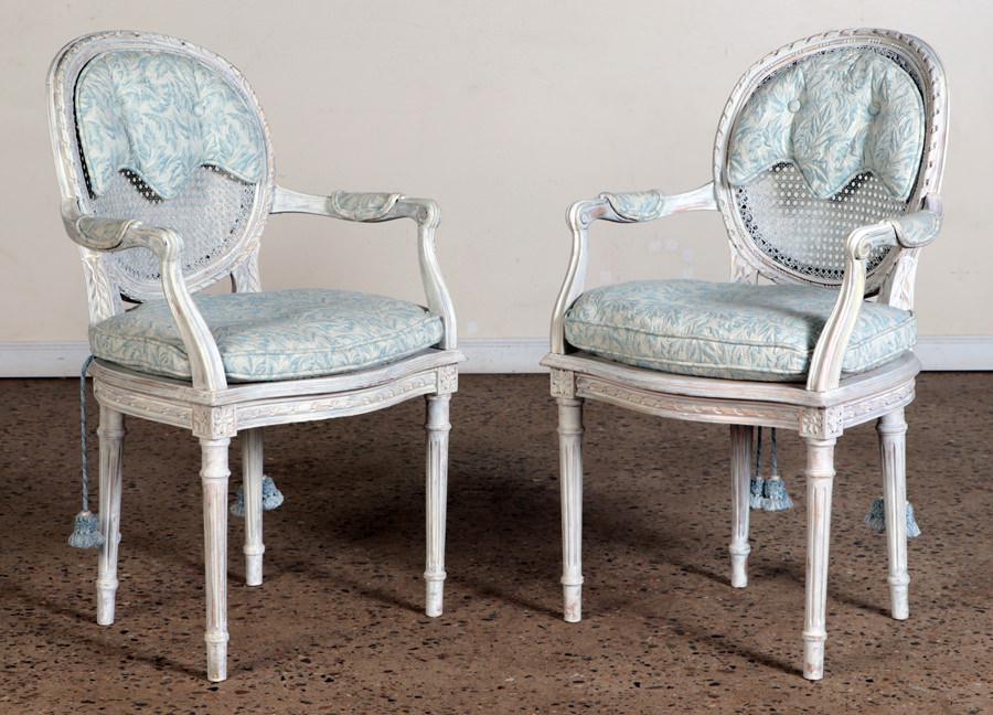PAIR LOUIS XVI STYLE OPEN ARM CHAIRS CANE SEAT (1 of 8)
