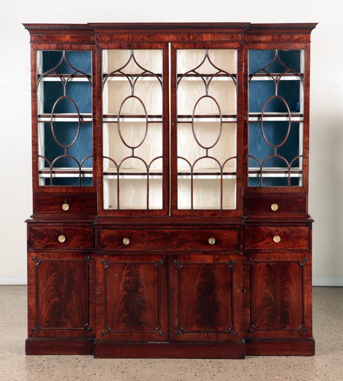 2 PART 19TH C CROTCH MAHOGANY BREAKFRONT (1 of 8)