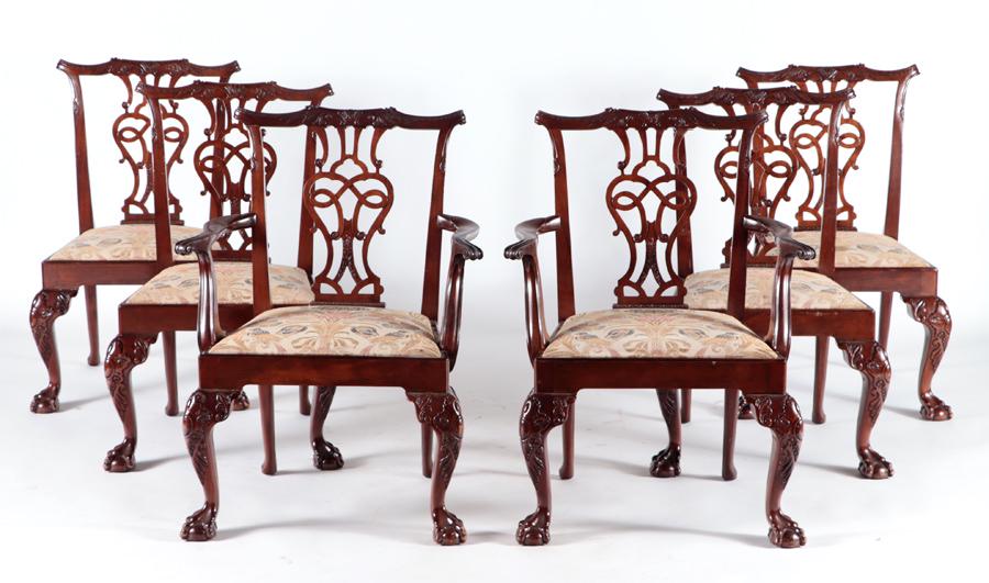 6 CHIPPENDALE MAHOGANY DINING CHAIRS C 1920 (1 of 6)