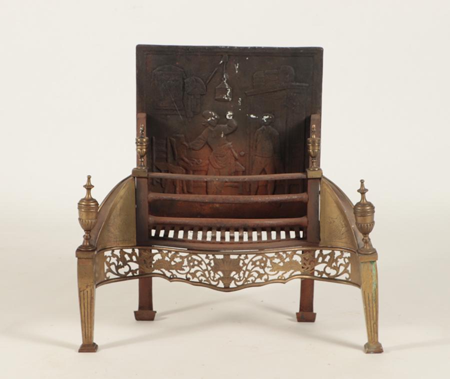 IRON AND BRASS FIREPLACE INSERT FIGURAL BACK PLATE (1 of 6)