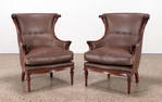 PAIR ENGLISH REGENCY STYLE LEATHER LIBRARY CHAIRS