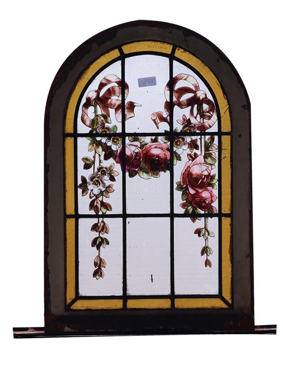 ARCHED TOP IRON WINDOW PAINTED GLASS PANEL 1920 (1 of 5)